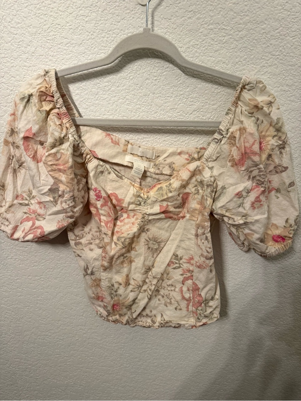 H&M Floral Linen Blend Off Shoulder Puff Sleeve Blouse Women’s S